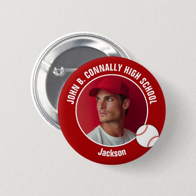 Red Baseball Player Photo High School Spirit Button (Vorne & Hinten)