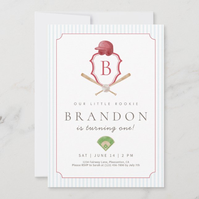 Red Baseball Preppy Crest Premier invitation d'ann (Devant)