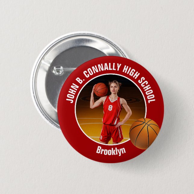 Red Basketball Player Photo High School Spirit Button (Vorne & Hinten)