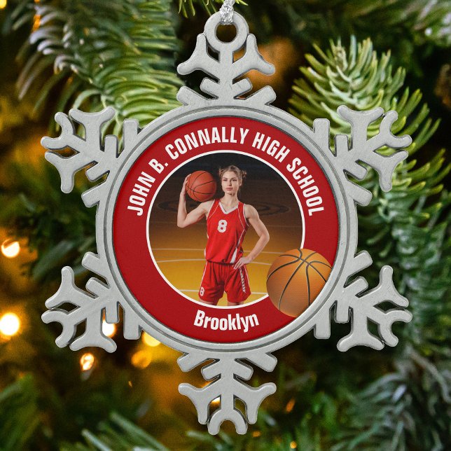 Red Basketball Player Photo Keepsake Gift Schneeflocken Zinn-Ornament (Von Creator hochgeladen)