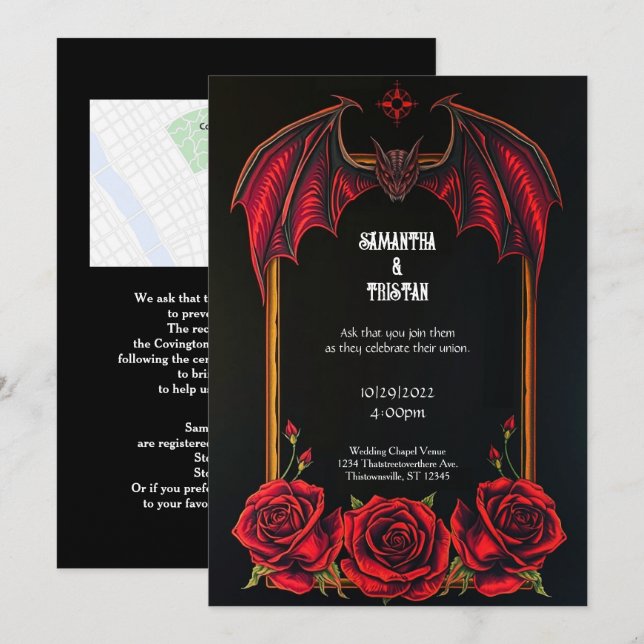 Red Bat and Roses Gothic Wedding Invitation Einladung (Vorne/Hinten)
