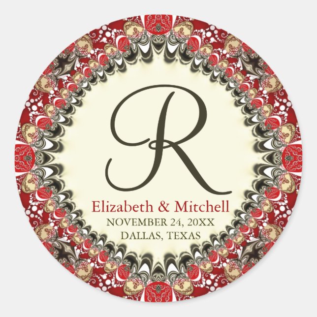 Red Batik Lace Monogram Wedding Runder Aufkleber (Vorderseite)