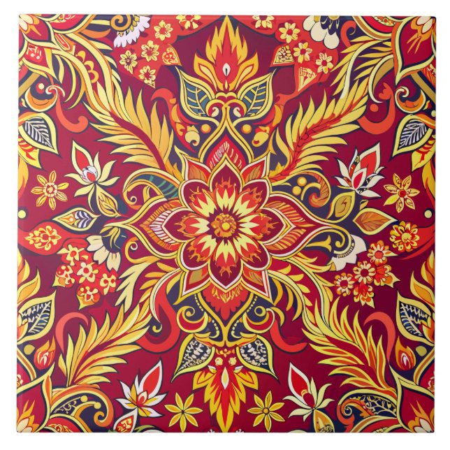 Red Batik Muster floral Print Traditionelle Ethnic Fliese (Vorderseite)