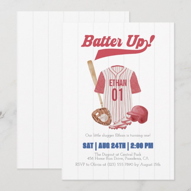 Red Batter Up Baseball First Birthday Invitation Einladung (Vorne/Hinten)