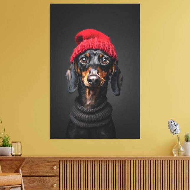 Red Beanie Dackel Leinwanddruck (Insitu (Wohnzimmer))