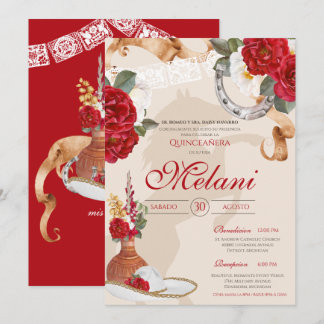 Red Beige Elegante Rose Charro Mariachi Quinceaner Einladung