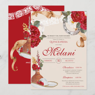 Red Beige Elegante Rose Charro Mariachi Quinceaner Einladung