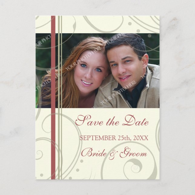 Red Beige Foto Save the Date Hochzeitskarten Ankündigungspostkarte (Vorderseite)