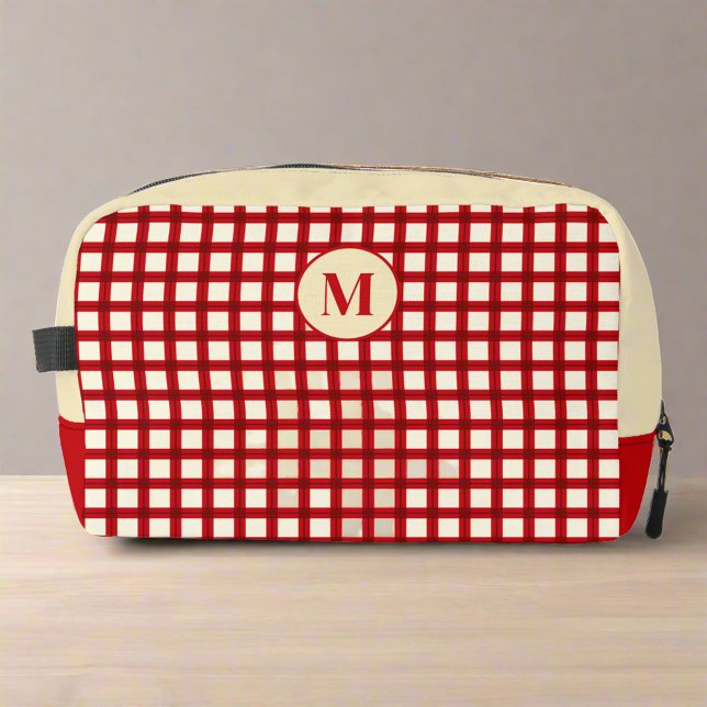 Red & Beige Gingham Classic Feminine Monogram Waschbeutel (Von Creator hochgeladen)