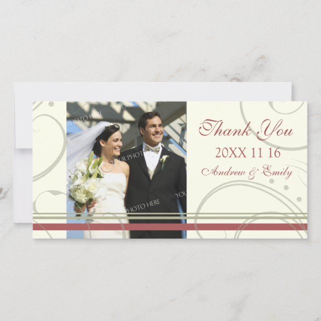 Red Beige Swirl Vielen Dank für Ihre Hochzeit Foto Dankeskarte (Vorderseite)