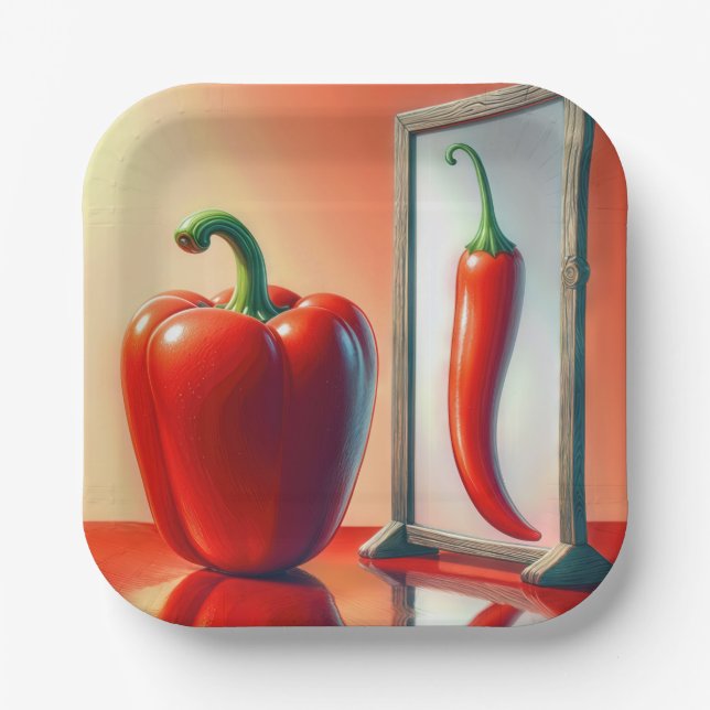 Red Bell Pepper sieht in einem Spiegel Pappteller (Vorderseite)