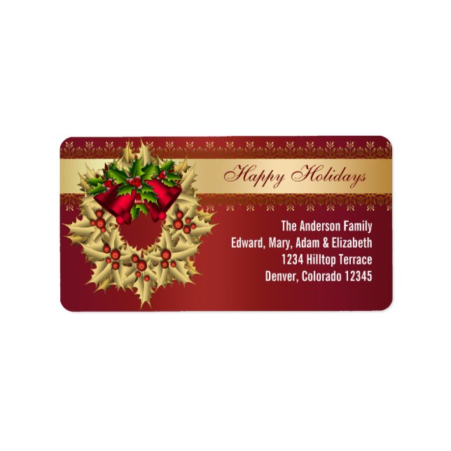Red Bells Gold Holly Red Christmas Address Labels Adressaufkleber (Vorne)