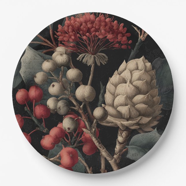 Red Berries and Exotic Seed Pods on Black Pappteller (Vorderseite)