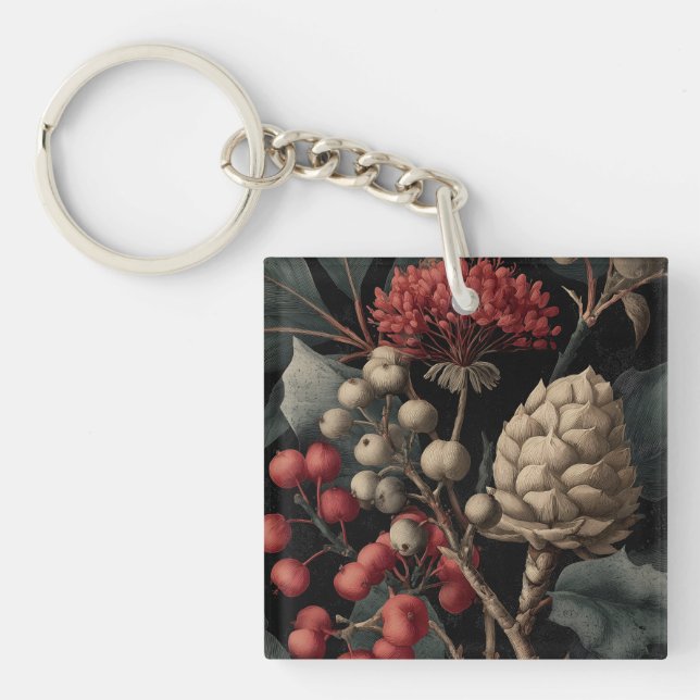 Red Berries and Exotic Seed Pods on Black Schlüsselanhänger (Vorderseite)