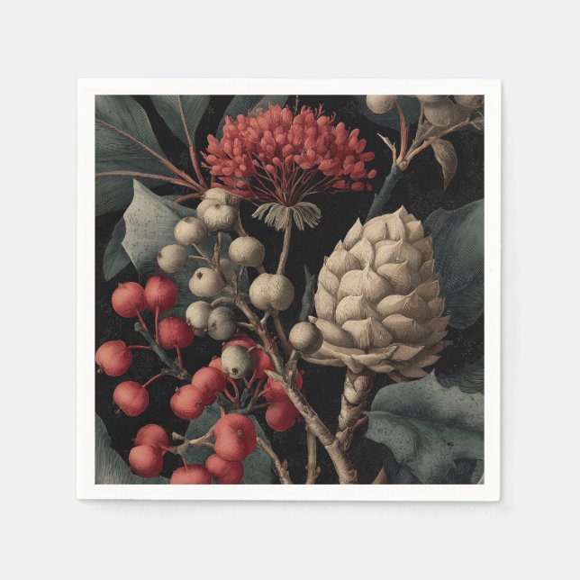 Red Berries and Exotic Seed Pods on Black Serviette (Vorderseite)