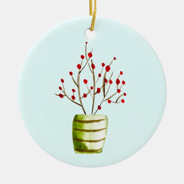 Red Berries Aquarellen Weihnachten Keramik Ornament (Vorne)