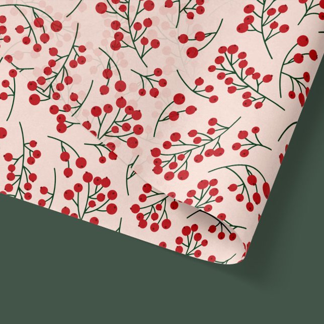Red Berries Botanical Mistletoe Weihnachten Seidenpapier (mistletoe red berries Christmas pattern in pink and red - tissue paper transparency)