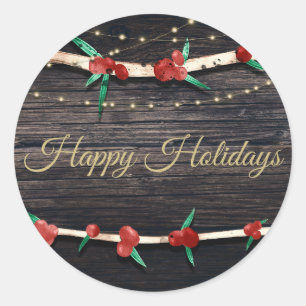 Red Berries Branches & Lights Rustic Holiday Party Runder Aufkleber
