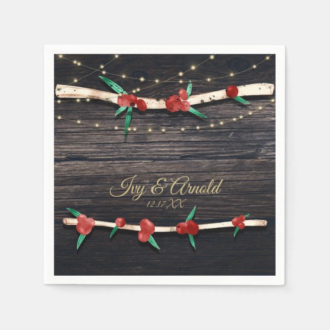 Red Berries Branches & Lights Rustic Holiday Party Serviette (Vorderseite)