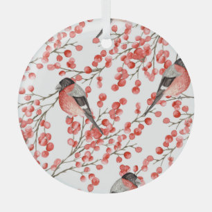 Red Berries Bullfingen Aquarellmuster Ornament Aus Glas