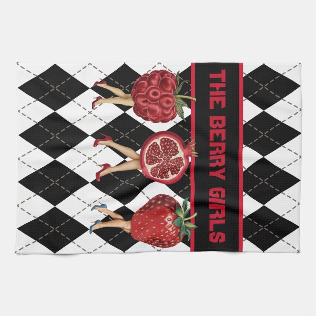 Red Berries Cartoon Ladys on Black & White Plaid Geschirrtuch (Horizontal)