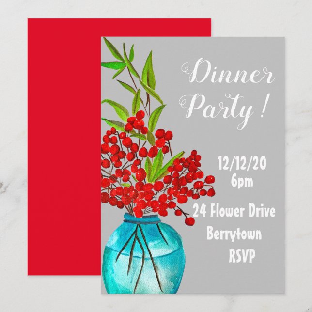 Red Berries elegantes Party Einladung (Vorne/Hinten)