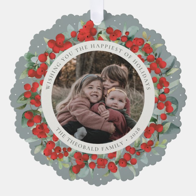 Red Berries + Eucalyptus Holiday Wreath Photo  Ornament Karte (Vorderseite)