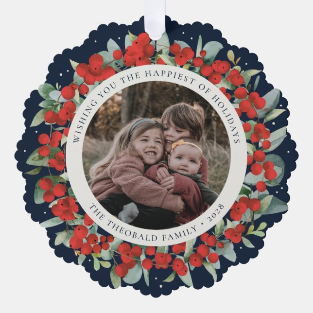 Red Berries + Eucalyptus Holiday Wreath Photo  Ornament Karte (Vorderseite)