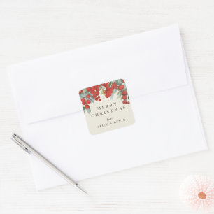 Red Berries+Eukalyptus Frohe Weihnachten/Custom Quadratischer Aufkleber