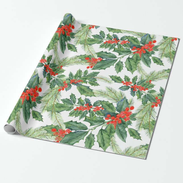 Red Berries Green Holly Floral Weihnachtsfeiertag Geschenkpapier (Ungerollt)