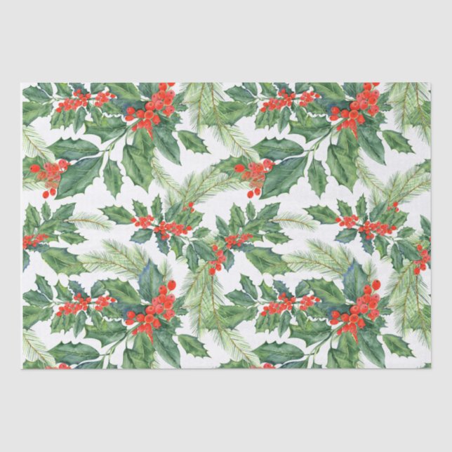 Red Berries Green Holly Floral Weihnachtsfeiertag Seidenpapier (Vorderseite)
