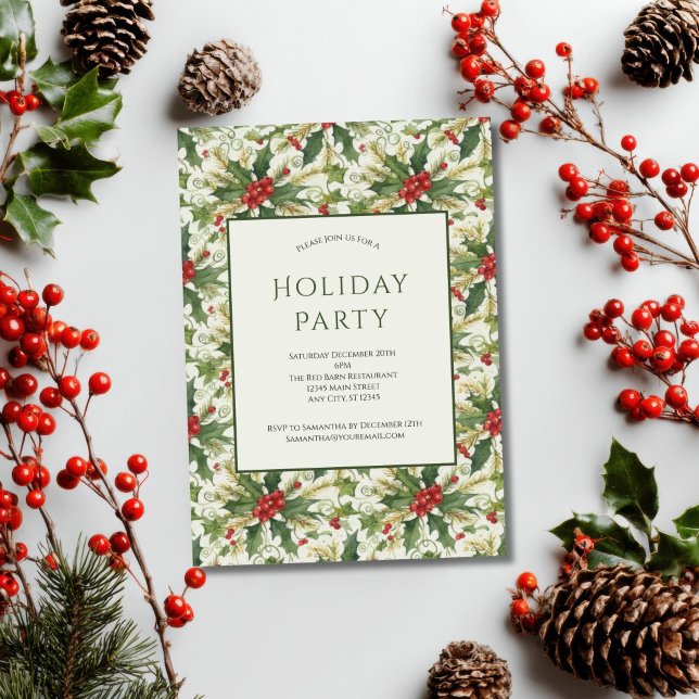 Red Berries Green Holly Holiday Weihnachtsfeiertag Einladung (Red Berries Holly leaves Christmas Holiday party invitation. Business Corporate. Printed or Digital)