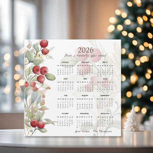 Red Berries Greenery Elegant 2026 Kalenderkarte Magnetkarte
