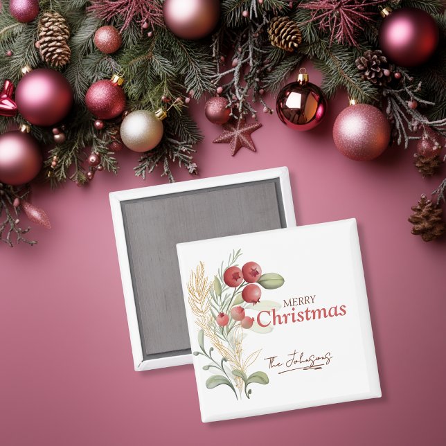 Red Berries Greenery Elegant Name Weihnachten Magnet (Von Creator hochgeladen)