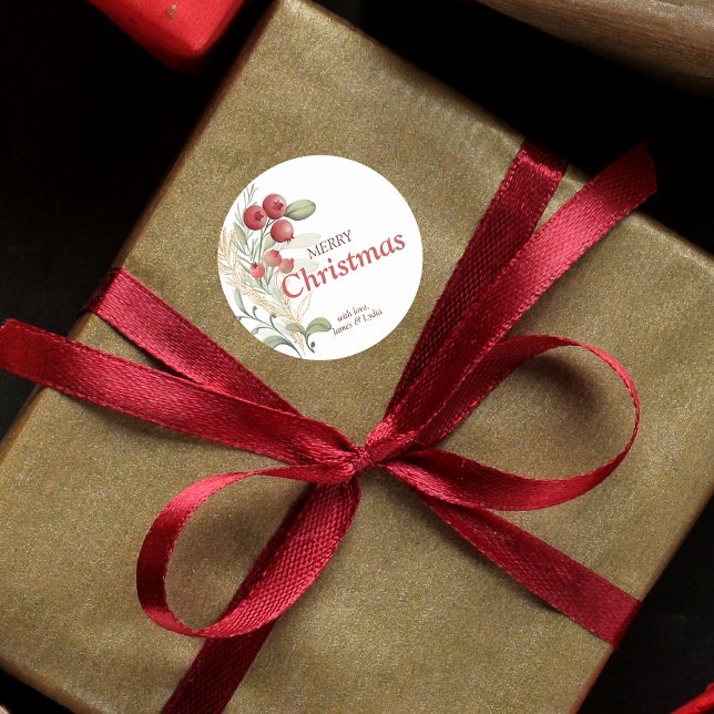 Red Berries Greenery Elegante Weihnachten Runder Aufkleber (Von Creator hochgeladen)