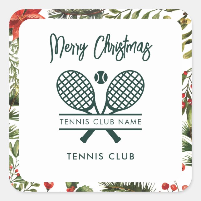Red Berries Greenery Tennis Club Quadratischer Aufkleber (Vorderseite)
