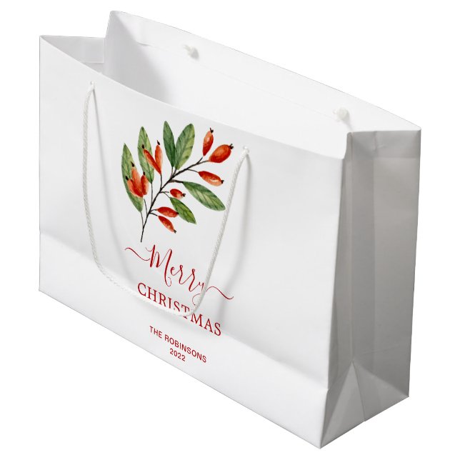 Red Berries Grüne Weihnachtsfeiertag Große Geschenktüte (Vorderseite Schrägansicht)