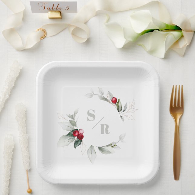 Red Berries Holiday Cheers & Her Monogram Pappteller (Hochzeit)