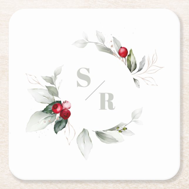 Red Berries Holiday Cheers & Her Monogram Rechteckiger Pappuntersetzer (Vorderseite)