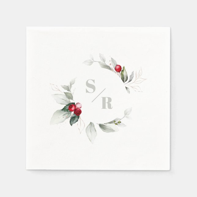 Red Berries Holiday Cheers & Her Monogram Serviette (Vorderseite)