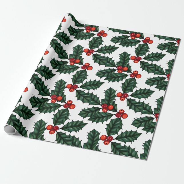 Red Berries & Holly Christmas Wrapping Paper Geschenkpapier (Ungerollt)