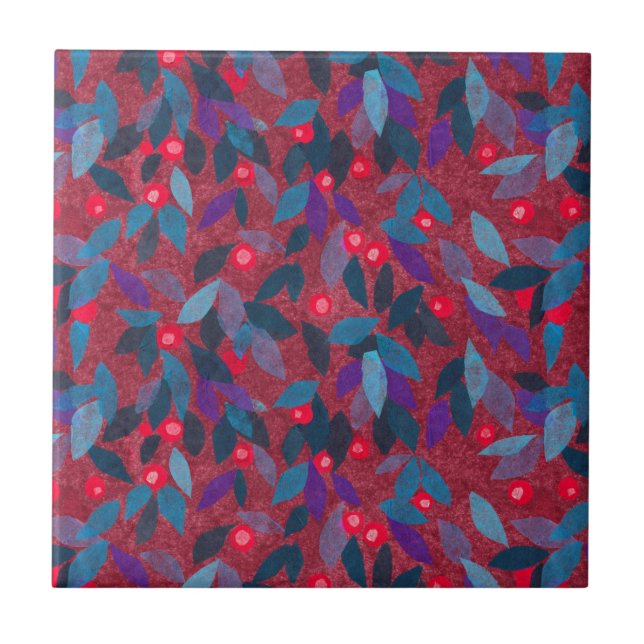 Red Berries Minimal floral Muster Einfache Botanik Fliese (Vorderseite)