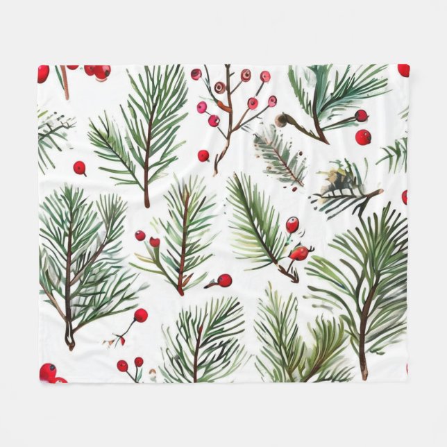 Red Berries & Pine Botanic Design Fleecedecke (Vorderseite (Horizontal))