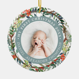 Red Berries Pine Needle Wreath Baby 1. Weihnachten Keramik Ornament