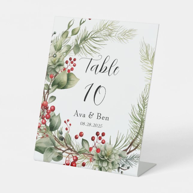 Red Berries Pine Wreath Wedding Tischnummer Sockelschild (Vorderseite)