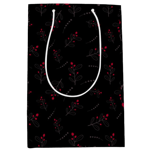 Red Berries und Blätter Weihnachten Schwarz Mittlere Geschenktüte (Vorderseite)