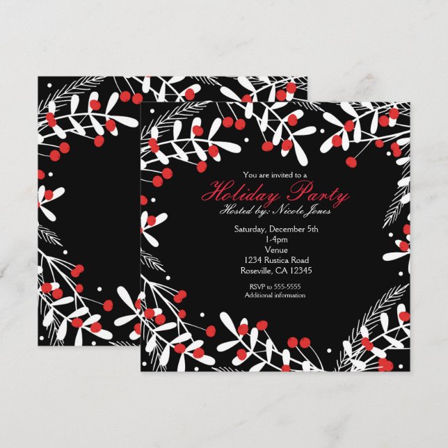 Red Berries & White Blätter Black Holiday Party Einladung (Vorne/Hinten)