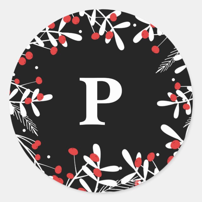 Red Berries & White Blätter Rustikaler Schwarzer U Runder Aufkleber (Vorderseite)