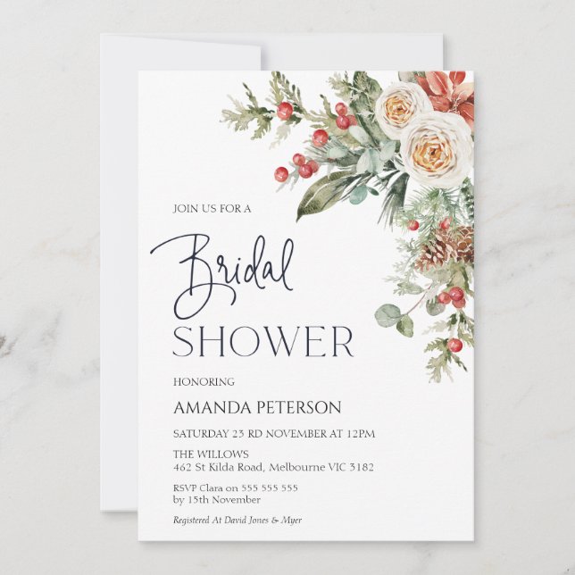 Red Berries Winter Floral Bridal Dusche Einladung (Vorderseite)