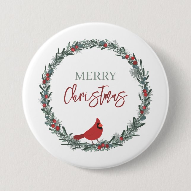 Red Berries Wreath and Red Cardinal Christmas  Button (Vorderseite)